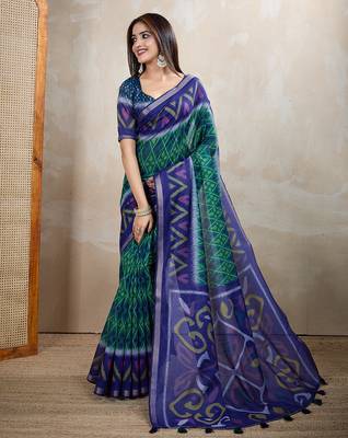 rama green printed art silk designer pallu chanderi saree 1