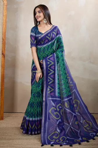 rama green printed art silk designer pallu chanderi saree