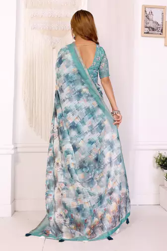 rama green printed art silk designer pallu chanderi saree