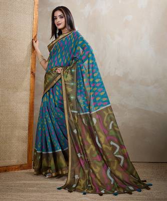 rama green printed art silk designer pallu chanderi saree 2