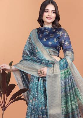 rama green printed art silk designer pallu saree 4