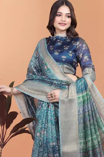 rama green printed art silk designer pallu saree