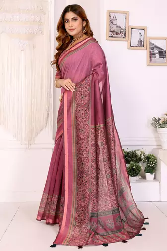 pink printed art silk designer pallu chanderi saree