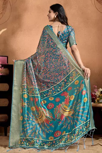 rama green printed art silk designer pallu saree