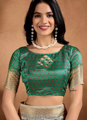 rama green printed art silk designer pallu saree 5