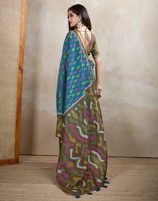 rama green printed art silk designer pallu chanderi saree 3