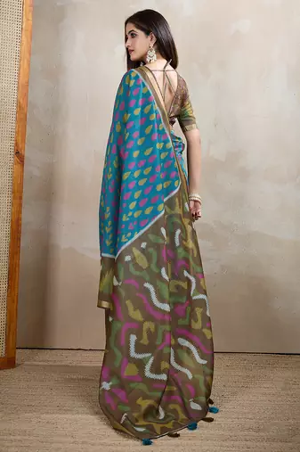 rama green printed art silk designer pallu chanderi saree