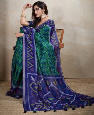rama green printed art silk designer pallu chanderi saree 4