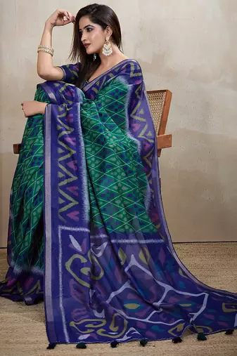 rama green printed art silk designer pallu chanderi saree
