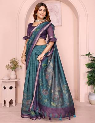 rama green printed art silk designer pallu chanderi saree 1