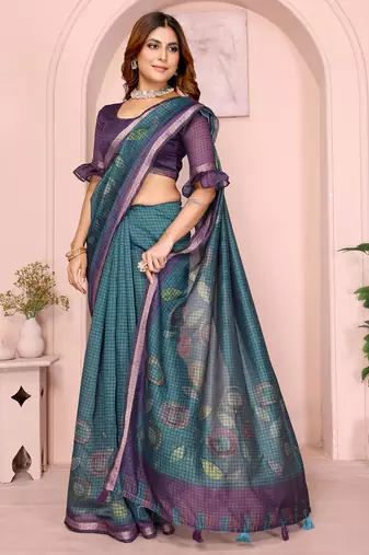 rama green printed art silk designer pallu chanderi saree