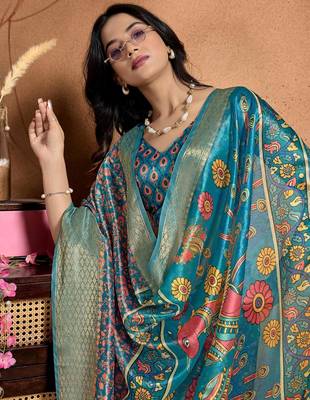 rama green printed art silk designer pallu saree 4