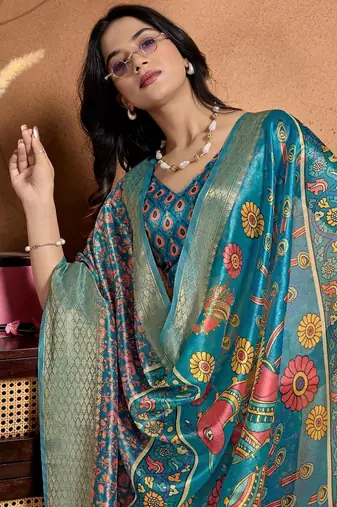 rama green printed art silk designer pallu saree