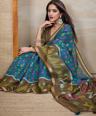 rama green printed art silk designer pallu chanderi saree 4