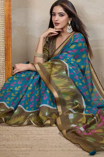rama green printed art silk designer pallu chanderi saree