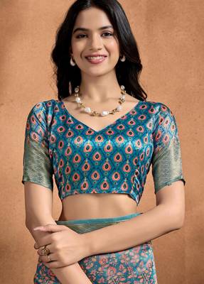 rama green printed art silk designer pallu saree 5