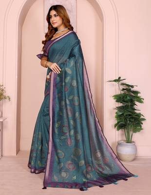 rama green printed art silk designer pallu chanderi saree 3