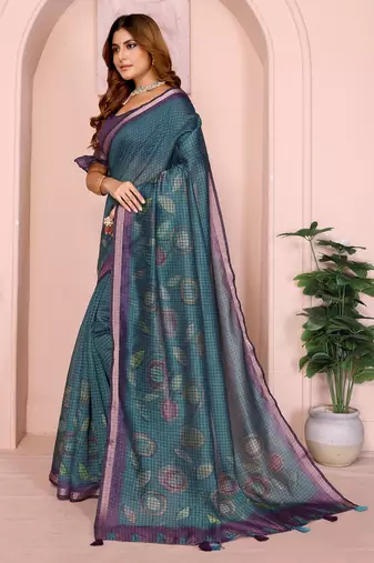 rama green printed art silk designer pallu chanderi saree