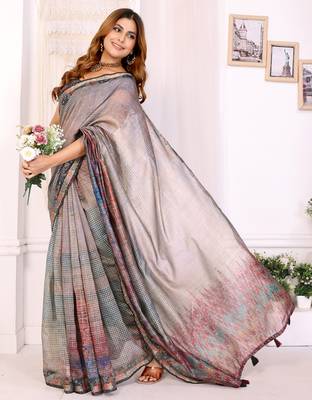 grey printed art silk designer pallu chanderi saree 1
