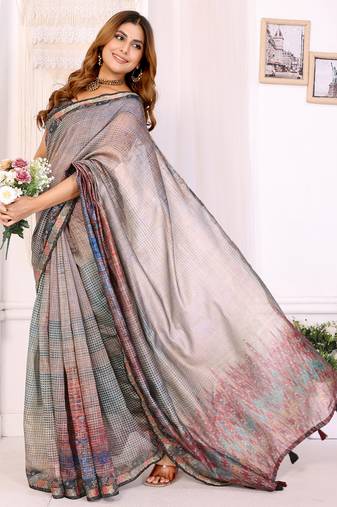 grey printed art silk designer pallu chanderi saree