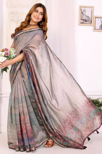 grey printed art silk designer pallu chanderi saree