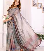 grey printed art silk designer pallu chanderi saree