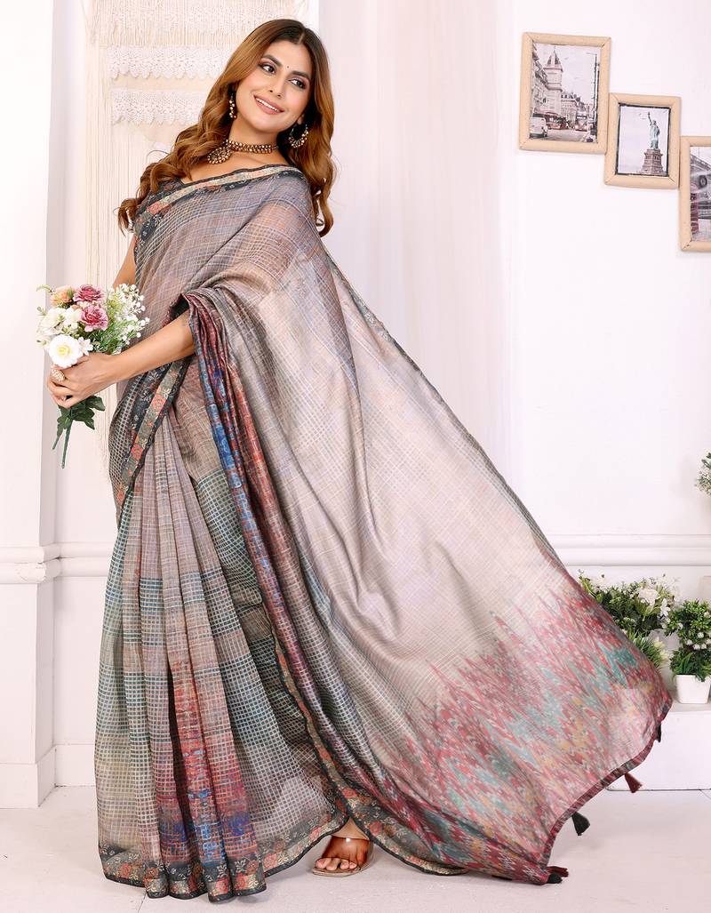grey printed art silk designer pallu chanderi saree
