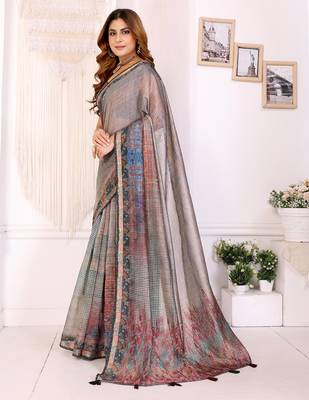 grey printed art silk designer pallu chanderi saree 2