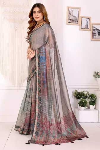 grey printed art silk designer pallu chanderi saree