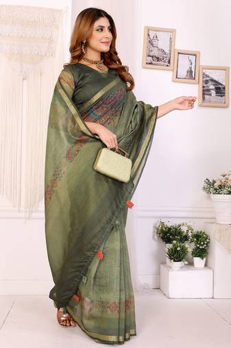 green printed art silk designer pallu chanderi saree