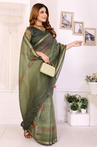 green printed art silk designer pallu chanderi saree
