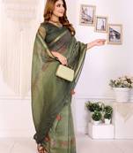 green printed art silk designer pallu chanderi saree
