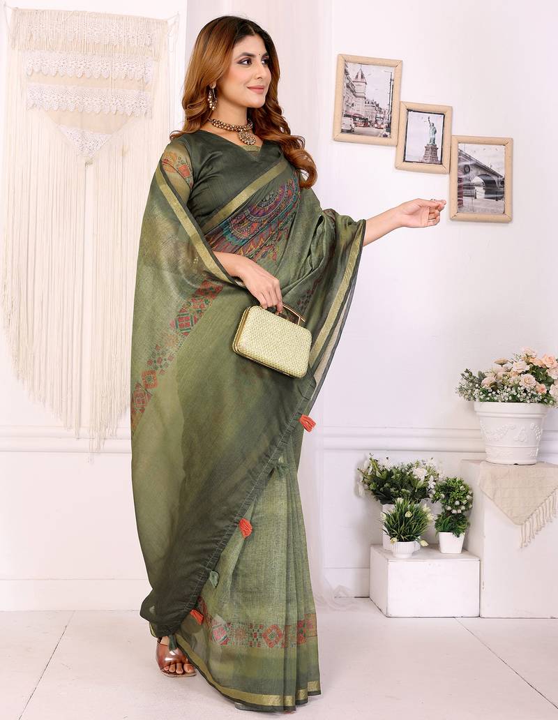 green printed art silk designer pallu chanderi saree