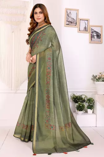 green printed art silk designer pallu chanderi saree