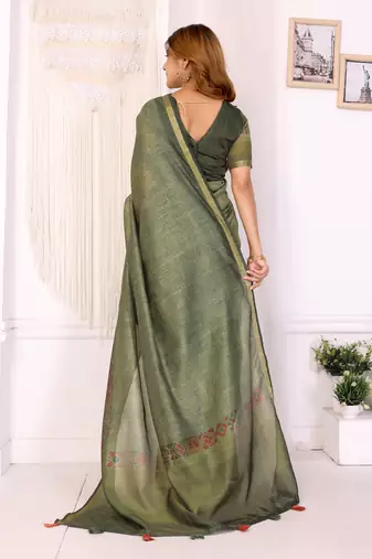 green printed art silk designer pallu chanderi saree