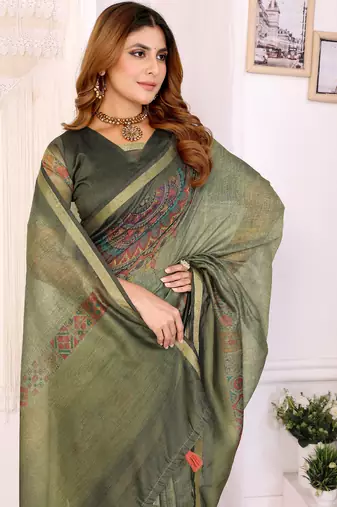 green printed art silk designer pallu chanderi saree