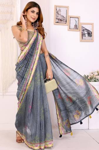 grey printed art silk designer pallu chanderi saree