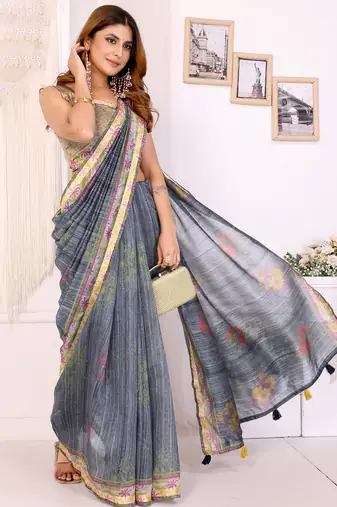 grey printed art silk designer pallu chanderi saree