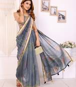 grey printed art silk designer pallu chanderi saree