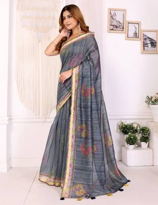 grey printed art silk designer pallu chanderi saree 2