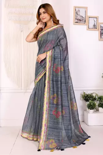 grey printed art silk designer pallu chanderi saree