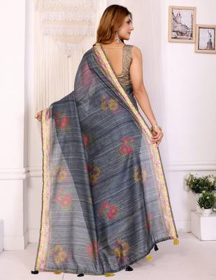 grey printed art silk designer pallu chanderi saree 3