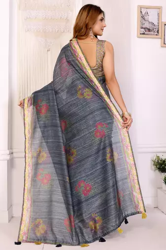 grey printed art silk designer pallu chanderi saree