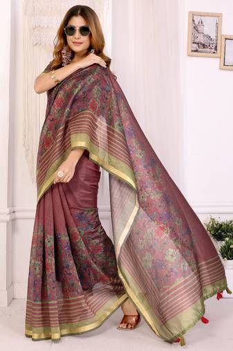 maroon printed art silk designer pallu chanderi saree