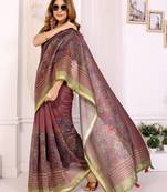 maroon printed art silk designer pallu chanderi saree