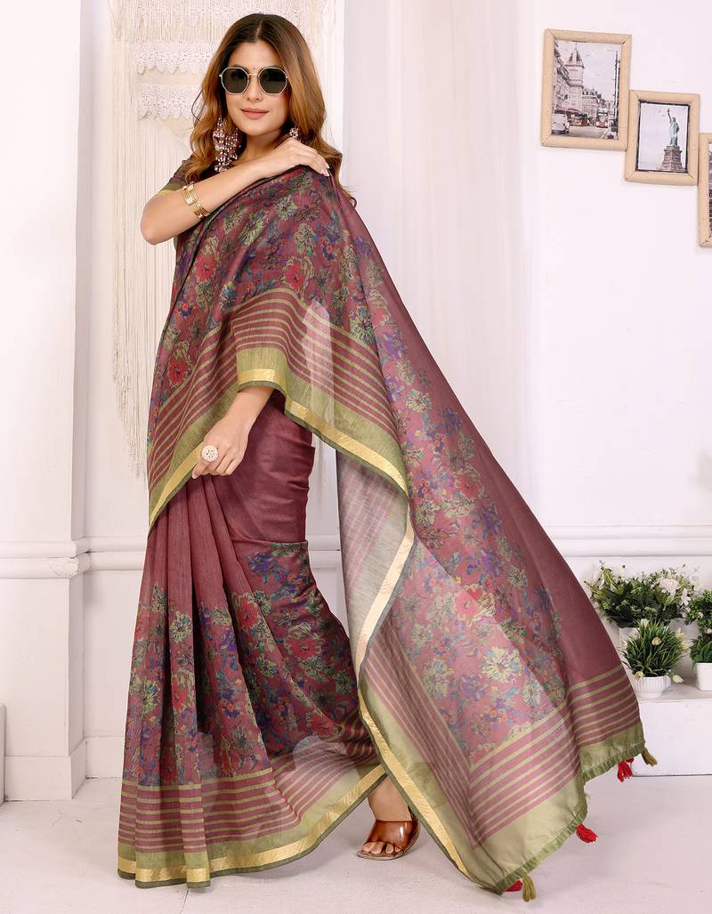 maroon printed art silk designer pallu chanderi saree