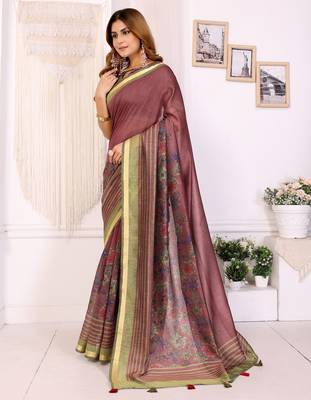 maroon printed art silk designer pallu chanderi saree 2