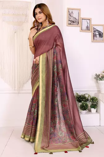 maroon printed art silk designer pallu chanderi saree