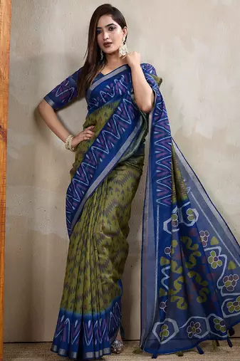 green printed art silk designer pallu chanderi saree