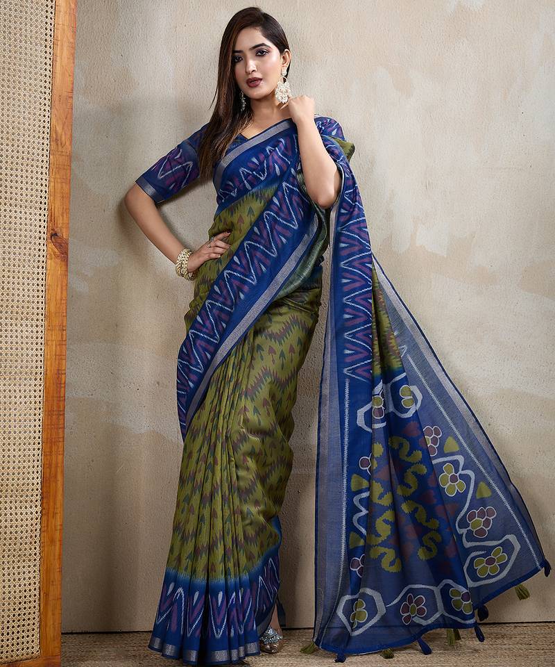 green printed art silk designer pallu chanderi saree